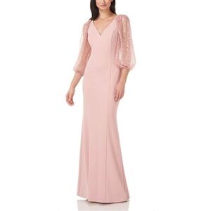 Women’s JS Collections Beaded Sleeve V-Neck Stretch Crepe Gown